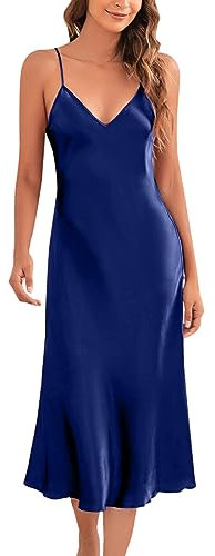 Marvmys Satin Nightdress for Women UK Long Negligees Strap Chemise Nighties for Ladies V Neck Full Slips Sleepwear Navy Blue M