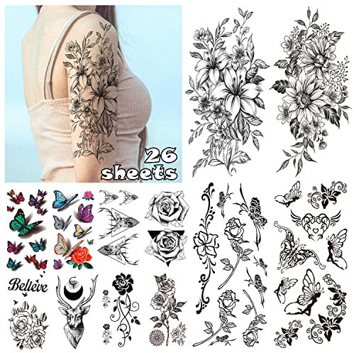 LEADTEAM 26 Blätter Fake Tattoos, Temporäre Tattoos 3D Schmetterling Blume Tattoo Arm Tattoo, Klebetattoos Erwachsene Aufkleben Damen Frauen Tattoo Aufkleber Party Deko Festival