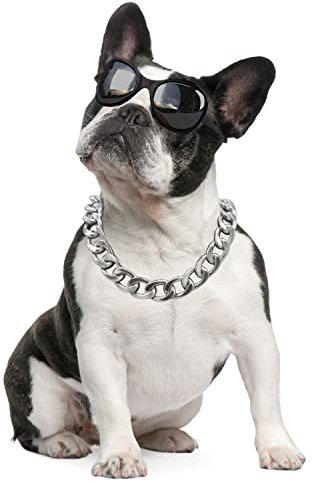 Silver Dog Chain Collar-3/4 Inch (20mm)Width Cuban Link Durable Dog Necklace, Cute Fashion Pet Collar for Pit Bulldog, Light Metal Jewelry Bold Chain Puppy Accessories