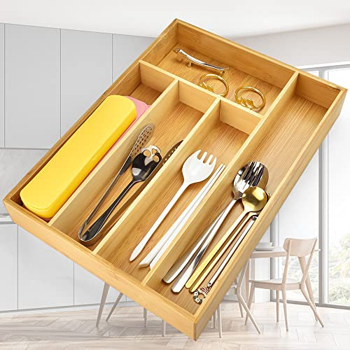 QINERSAW Bandeja de Cubiertos de Bambú 36.2 * 26 * 5 CM Bandeja de Cubiertos de Bambú Cajón de 5 Compartimentos Cubiertos Compacto y Elegante para Cuchillos, Tenedores, Palillos, Utensilios de Cocina