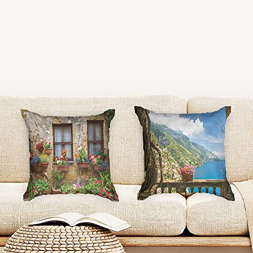 Ulticool - Kissenhülle - Blick durch Pflanzen Blumen Natur Berge - Set von 2 Motiven – 45 cm x 45 cm - Dekokissen ohne Füllung - Kissenbezug Zubehör für Sofa/Bett - Blau Braun