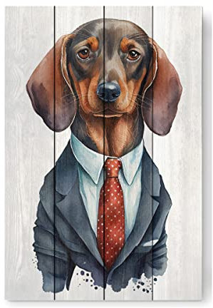 artboxONE Holzbild 60x40 cm Tiere Dackel mit Anzug und Krawatte von Künstler Peter_wey