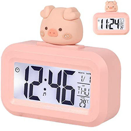Réveil électronique Mignon, écran LED de Dessin animé, Horloge électronique, Affichage Clair, des Yeux, Numérique pour Chambre d'enfant (Cochon Rose)