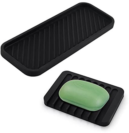 TIMJJG 1 stück Schwarze Silikon-Abflussmatte, mit 1 schwarzem Seifenhalter, einfachem Silikon Sponge Holder, rutschfestem Spülbeckenmanager für die Küche, gelten für Brushes, Soap usw.
