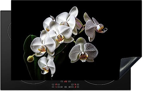 KitchenYeah© Coperchio Piano Cottura 83x51 cm Cucina Copri Fornelli Tappetino Induzione Antiscivolo Piastra Protezione Orchidea - Fiori - Bianco - Naturale - Nero