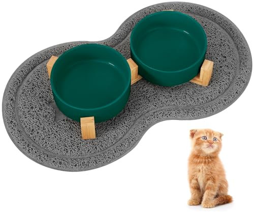 Revivoer Gamelle Chat Surélevée, 2x400ML Gamelles pour Chat Double en Ceramique avec Support et Tapis Antidérapant, Eau Bol Anti Vomissement et Facile à Nettoyer, Convient Aussi Chien Lapins (Vert)