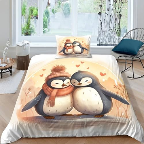 BLUEZY Pinguin Bettwäsche-Set 3D Drucken Set Mit Kissenbezug Und Cartoon Bettbezüge Bettbezug 2 Teilig Zipper Öffnen Und Schließen, Geschenke Für Kinder Single(135x200cm)