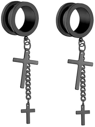 KnBoB 2 Stück Ohr Tunnels 8MM Edelstahl Schwarz Rund mit Kette und Kreuz Anhänger Flesh Tunnel Piercing Herren und Damen