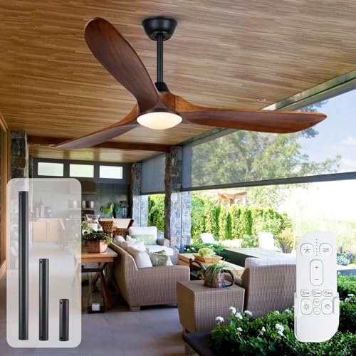 OUENGK 152CM Ventilatori da soffitto con luci e telecomando, Ventilatore da soffitto in legno con luce LED a 3 pale, Motore DC reversibile silenzioso a 6 velocità, Per soggiorno, patio esterno, noce