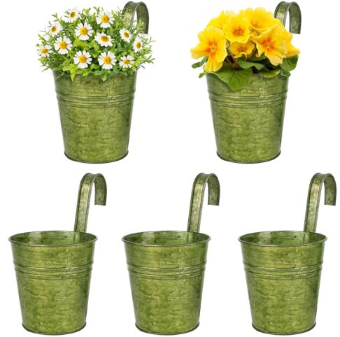 BOFUNX 5 Maceteros Colgantes de Hierro de Metal Macetas Pequeñas Colgar con Gancho con Orificio de Drenaje de Color Verde Vintage para Decoración Exterior Balcón Jardín Patio Pared Terraza