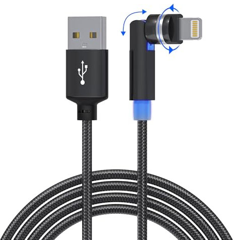 90 Grad iPhone Ladekabel mit 360-Grad-Drehkopf Design für Spiele Apple MFI-zertifiziertes Lightning Kabel 1M, 180 Grad Lightning Kabel Winkel Anti-Biege Anti-Fraktur mit Datenübertragung für Carplay