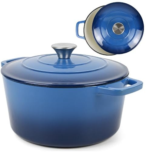 Andrew James Enamel Coated Cast Iron 5L Casserole Dish: No-Seasoning Required with this Elegant and Durable Casserole Dish with lid for oven, Perfect for Gourmet Cooking (Blue)