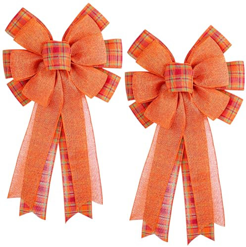 Yanmucy Autumn Decorations Bow for Wreath 2 PCS Large Thanksgiving Burlap Bows Pumpkin Halloween Decorations Harvest Craft Gift Bow for Thanksgiving Autumnal Home Party Decor (Tartan)