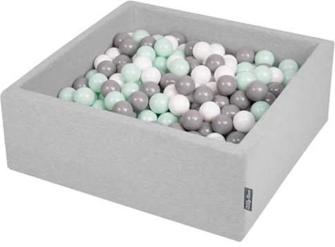 KiddyMoon Bällebad 90X30cm/300 Bälle ∅ 7Cm Bällepool Mit Bunten Bällen Für Babys Kinder Quadrat, Hellgrau:Weiß/Grau/Mint