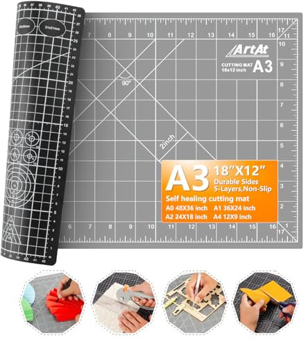 ArtAt Selbstheilende Schneidematte - 30,5 x 45,7 cm doppelseitige 5-lagige Stoff-Schneidematte zum Nähen, Quilten & Kunst & Handwerk – Gitter-Schneidebrett-Matte in Grau/Schwarz.