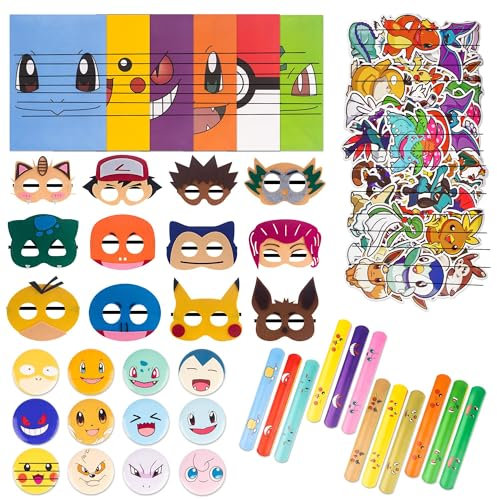 98Pcs Mitgebsel Kindergeburtstag Set, Party Mitgebsel Kindergeburtstag Geburtstagsdeko, 50PC Aufkleber Kinder, 12PC Anime Maske, 12PC Armband, 12PC Abzeichen , 12PC Mitgebsel Tüten, Party-Mitgebsel