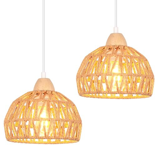 iDEGU 2 Stück Ø20cm Hängelampen Retro E27 Hängeleuchte aus Rattan Holz Bohème-Stil Geflochten Deckenleuchte Vintage Pendelleuchte für Schlafzimmer Esszimmer Küche Restaurant (Braun Rattan)