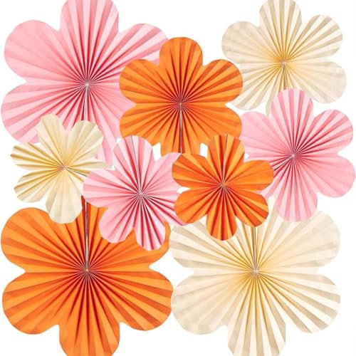 Decoration Fete Lot de 9 Fleurs Papier, Décorations d'anniversaire, Festival Guirlande Papier, Décorations D'éventails en Papier Beige, Rose Clair, Orange pour les Anniversaires, les Mariages