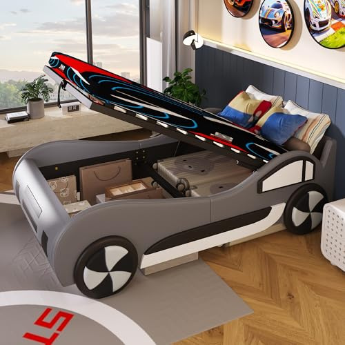 Lcoho Polsterbett, Bett mit Lattenrost (ohne Matratze), Modell Autobett, Autobett, Kinderbett, Kinderbett mit Unterbettstauraum (Grau)