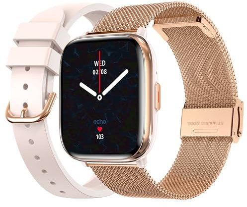 ECHO Rainbow Nano - Montre Connectée Femme AMOLED 1.83'' Or Rose - Appel Bluetooth/Sans fil & Capteurs Santé - Modes sport avec coach - 2 Bracelets Métal & Gomme - Mini, légère & étanche - Android/Ios