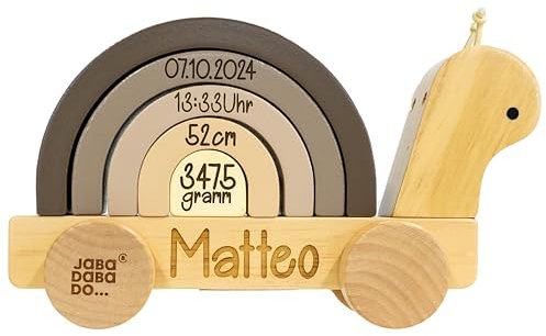 Nachziehtier und Steckspiel - süße Schnecke - Stapelspiel - Mit Name und Geburtsdaten personalisierbar - hochwertige und nachhaltige Gravur