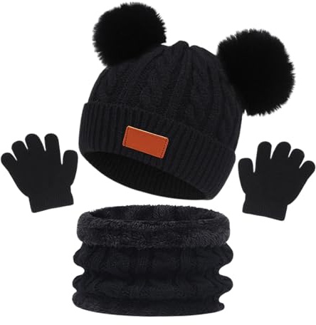 Generisch Mütze mit Schal Set Damen - Set Mütze Schal Handschuhe Mütze, Schal & Handschuh-Sets Kunstfell Bommel Warmes Winterschal Flauschig Touchscreen Handschuhe 2 in 1 Set Dicke