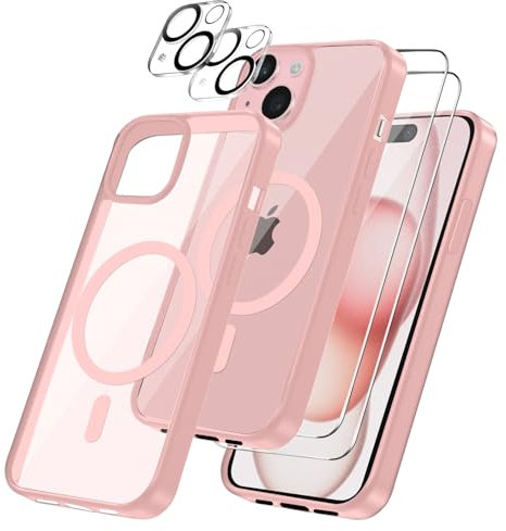 Cover per iPhone 15 Compatibile con 2 vetri temperati e 2 vetri per fotocamera, Translucent Matte Slim Back PC+TPU Bumper Shockproof Compatible Magnetic Cover per iPhone 15 - Rosa chiaro