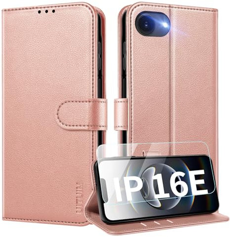 UITUIM Coque pour iPhone 16e Coque Etui Portefeuille Cuir avec Verre Trempé Protection Écran Porte Carte Rabat Clapet Flip Case Étui Cover Housse Etui Coque pour iPhone 16e,Or Rose