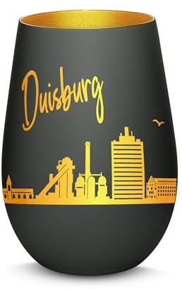 Gravur-Max Windlicht mit 360° Gravur Skyline Duisburg Deko Glaslicht als tolles Geschenk mit Einer hochwertigen Lasergravur zu jedem Anlass in der Farbe Schwarz/Gold