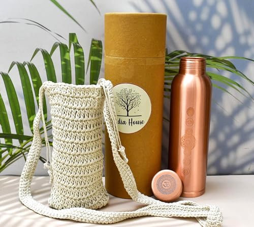 India House Wasserflasche aus reinem Kupfer – nahtlos auslaufsichere Wasserflasche – ayurvedische Kupfer-Wasserflasche mit Gravur von sieben Chakren – 1-Liter-Wasserflasche zum Trinken – mit Beutel