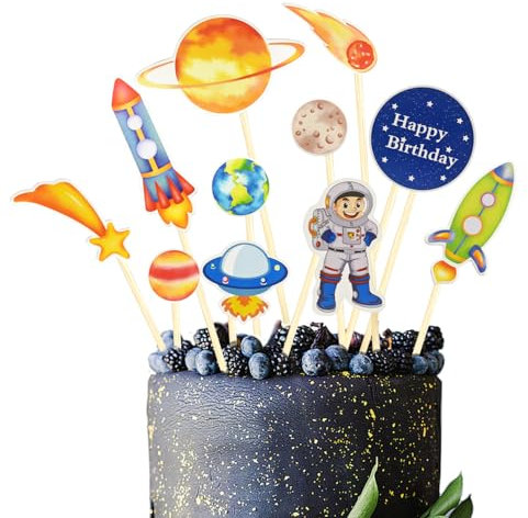 Geburtstag Tortendeko Weltraum Astronauten Planeten Torte Deko Weltraumthema Kind Astronauten Raketen Planet Kuchenaufsätze Gute zum Geburtstag Cupcake-Aufsätze für Jungen Kinder Blau
