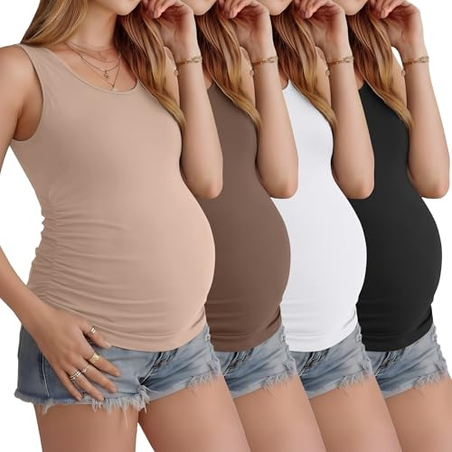 Ficerd Lot de 4 Débardeurs de Grossesse Femme sans Manches Fronces Côtés Col Rond Confort Été Casual Basiques