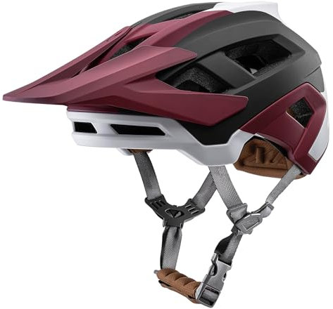 Fahrradhelm Mountainbike Helm MTB Helme Visier Verstellbar für Herren Damen Erwachsene Jugend (Karmesinrotes Weiß, M)