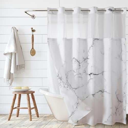 Grey Marble Shower Curtain No Hooks,Shower Curtain Double with Snap in Liner, Waterproof Fabric Bath Curtain with Mesh Top Window,Modern Abstract Decor for Luxury Hotel Grade Bathroom 71 X 74