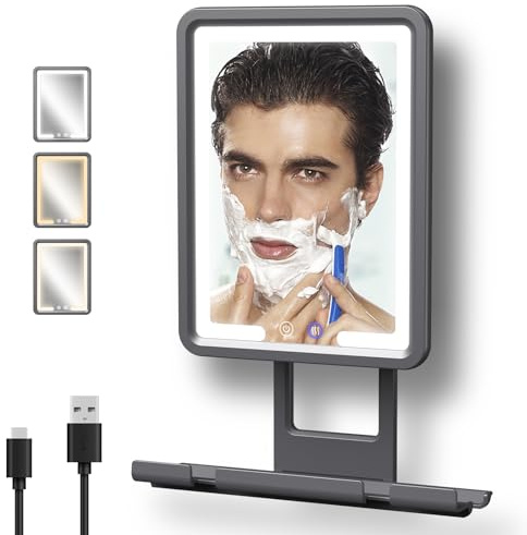 Rocollos Miroir de douche sans buée pour le rasage, éclairage LED 3 couleurs à intensité variable, chauffage anti-buée en quelques minutes, miroir de douche de salle de bain à 360° avec batterie