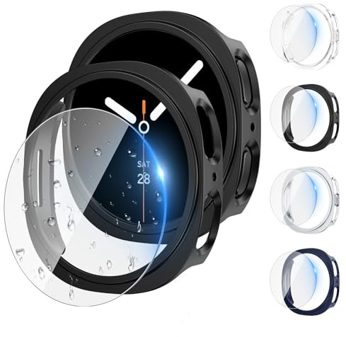 [4+4Pièces] Kamita Coque pour Samsung Galaxy Watch 8 40mm avec Film Protecteur, 4 Claire Protecteur d'écran en Verre Trempé et 4 Dur PC Bumper Case Housse pour Galaxy Watch8 (Clair+Noir+Bleu+Argent)