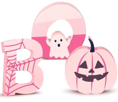 Amyhill 3 Pcs Halloween Table Tiered Tray Decorations Pink White Ghosts Wood Plank Signs Pastel Halloween Cute Wooden Ghosts Decor for Home Office Party Gifts(Boo)