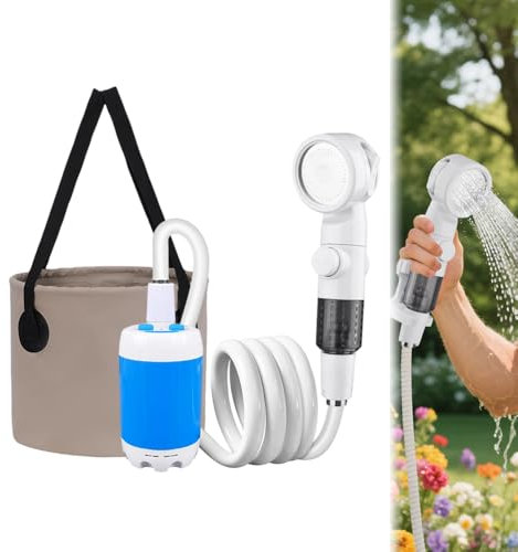 FUXNGZI Douche Camping, Douche Exterieur Portable, Douchette Camping, Pompe de Douche Électrique Rechargeable, Camping Accessoires avec Pomme 3 Modes pour Camping,Randonnée (avec Seau Pliable)