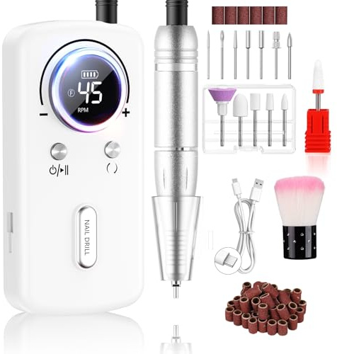 PKBD 45000RPM Professional Portable Nail Drill Machine for Gel Nails, Rechargeable Electric Nail Files Set with 11 bits and LCD Display, White