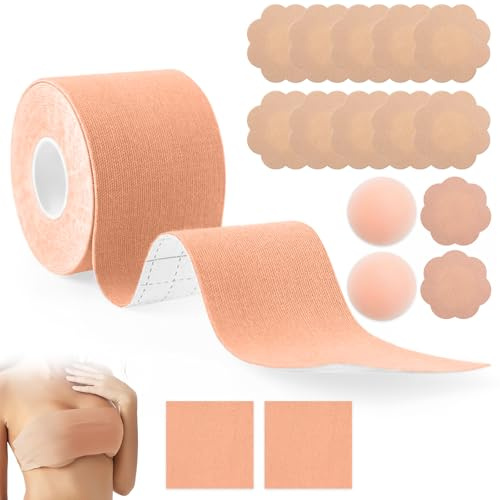Boob Tape Set con Nastro Adesivo Seno Nude e Tape Seno per Effetto Push-Up & Aspetto Seni Rialzato, Body Tape con Scotch Seno & 2 Copricapezzoli Silicone Riutilizzabili Invisibile per Taglie A-G
