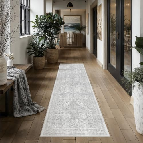 PureCozy Waschbarer LäUfer Flur Grau Vintage Teppich 60x240cm | Weich Kurzflor Carpet, Rutschfest, Küche, Bettvorleger,Eingangsbereich, Schlafzimmer, Esszimmer