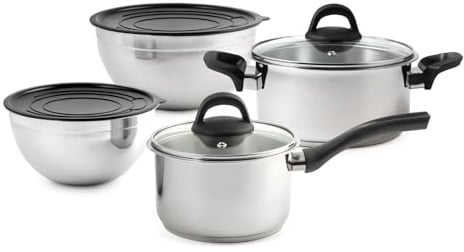 H&H, Batteria di Pentole, 8 Pezzi Avant in Acciaio Inox 18/10, Triplo Fondo per Tutti i Piani Cottura, Inclusa Induzione, con Bowl e Coperchi