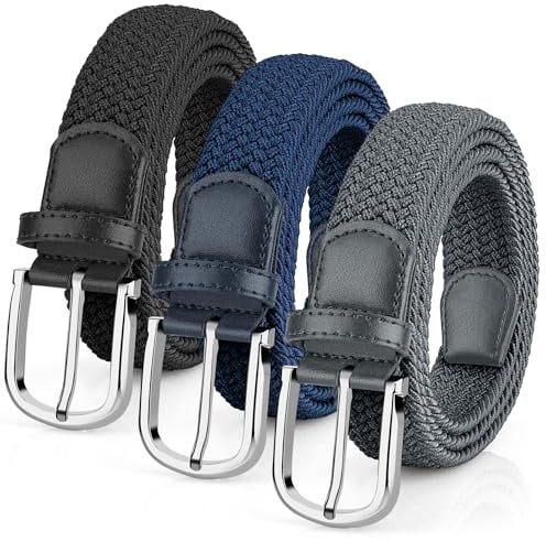 Leskyair 3 Pièces Ceinture Tressée Elastique pour Hommes et Femmes, Ceinture Élastique Unisexe en Tissu Ajustable, Boucle Métallique Robuste