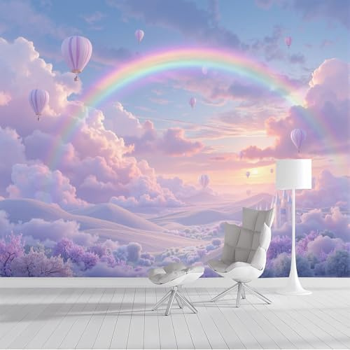 Seide Fototapete Montgolfière Nuage Arc-En-Ciel, Tapete Rose Violet, Thème Onirique Wand Dekoration Für Wohnzimmer Kinderzimmer Schlafzimmer 250x175cm