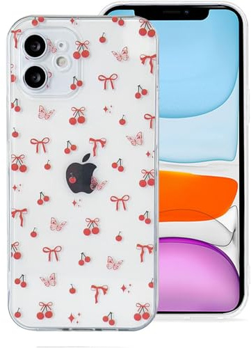 Skyhewen iPhone 11 Case, Clear Cute Red Bow Shockproof Phone Case for iPhone 11, Soft Slim Transparent TPU Silicone Protective Cover for Women Girls, Cherry Butterfly