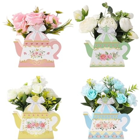 LaVenty Small Size Tea Party Decorations Flower Boxes | Floral Teapot Centerpiece for Tea Themed Birthday Wedding Supplies 12 PCS