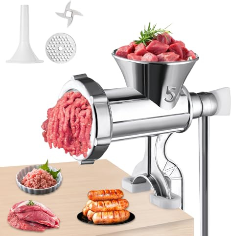 XPJBKC Manual Meat Grinder, Aluminum Alloy Meat Mincers for Home Use, Meat Mincer Machine with Wooden Handle &Tabletop Clamp & Enema Tube, Sausage Maker Machine for Meat, Vegetable, Noodles, Pepper