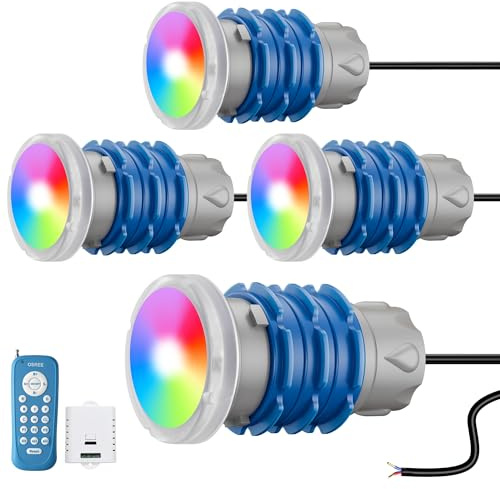 OSREE Mini Projecteur Piscine Vissable avec Filetage 1,5, 6W RGB Spot LED Piscine Multicolore avec Télécommande, Ø49mm, 12V AC Étanche IP68 Lampe Fixer sur Prise Balai pour Piscines Béton, Lot de 4