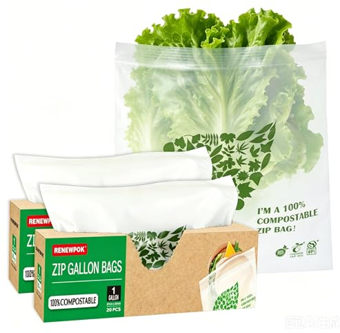 100% Compostable Gallon Bag Food Freezer Bags and Leak Proof, (Eco Zip) Large Size Seal well for Sandwich or Fruit Plant-Based BPA-free (40, 1 GALLON)
