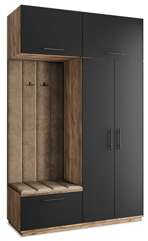 Masseno Flugarderoben Set Rema, Kleiderschrank-Set mit Sitzbank, Garderobenschrank Flur mit 5 Regalböden, Eiche Lefkas/Schwarz
